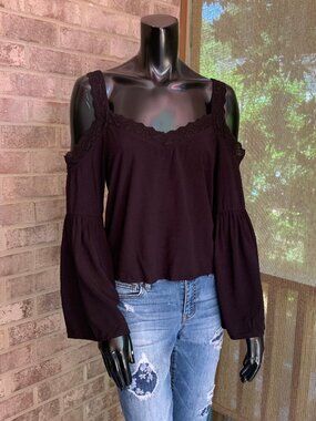 Kendall & Kylie Black Cold Shoulder Bell Sleeve Top